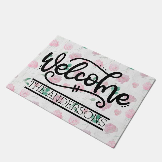 Custom Pink Floral Welcome Doormat (Angled)