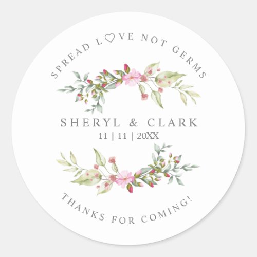 Custom Pink Floral Wreath Wedding Sanitizer Gel Classic Round Sticker