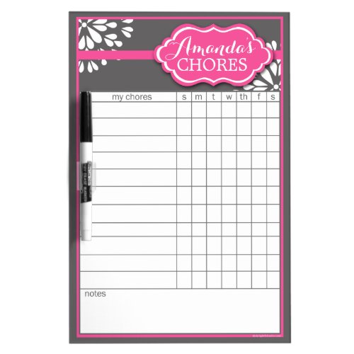 Custom Pink Flower Chore Chart Dry Erase Board