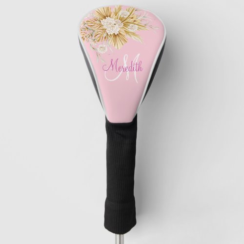 Custom Pink Flowers Monogram Name   Golf Head Cover