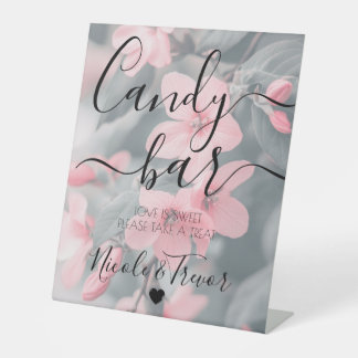 Custom Pink Flowers Teal Calligraphy Candy Bar Pedestal Sign