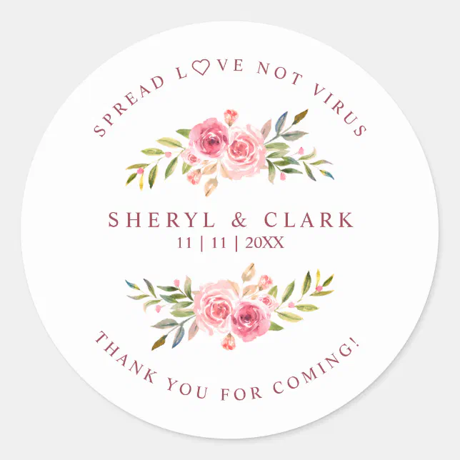 Custom Pink Garland Wreath Wedding Sanitizer Classic Round Sticker | Zazzle