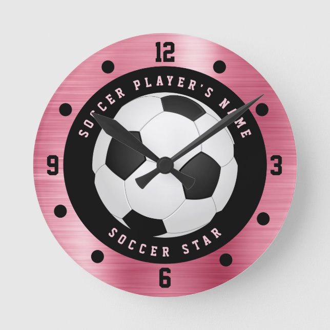 Custom Pink Girls Soccer Ball Football Round Clock (Front)