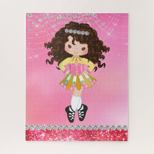 Custom Pink Glam Irish Dance Brunette Girl Jigsaw Puzzle