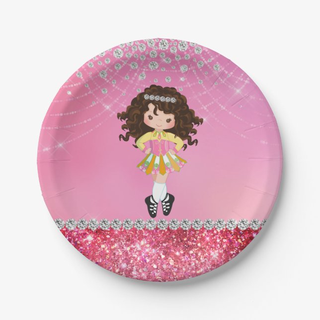 Custom Pink Glam Irish Dance Brunette Girl Paper Plates (Front)