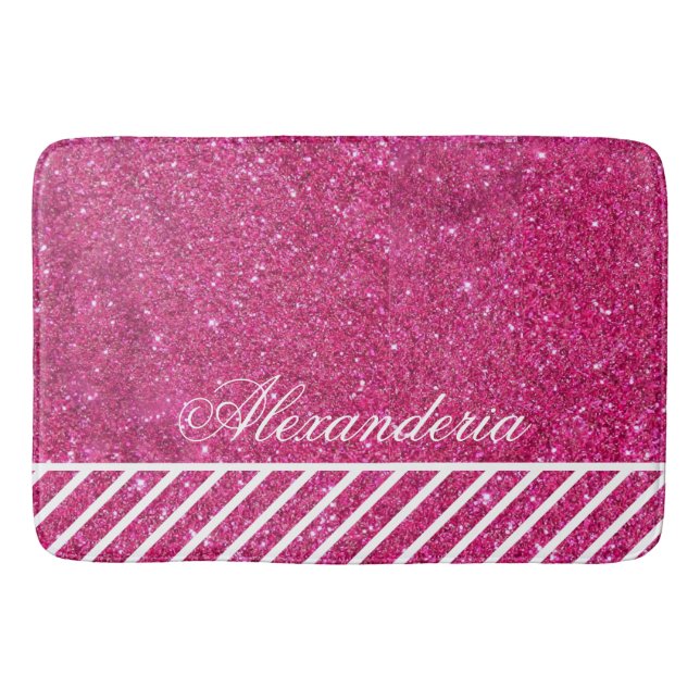 Custom Pink Glitter and White Stripes Modern artsy Bath Mat (Front)