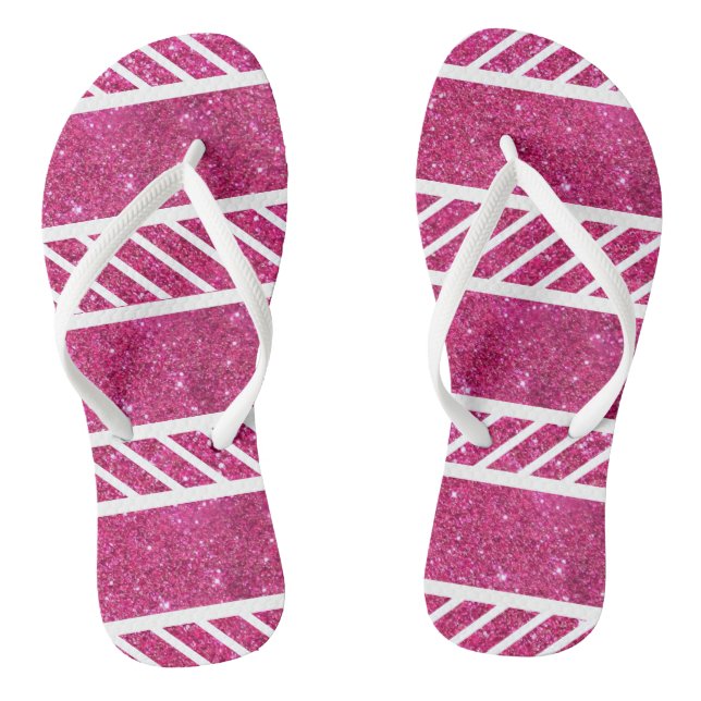 Custom Pink Glitter and White Stripes Modern artsy Flip Flops (Footbed)