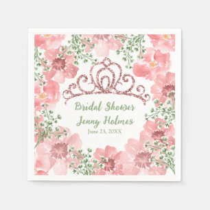 Custom Pink Glitter Crown Pink Roses Greenery Napkins