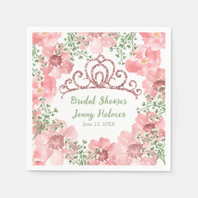 Custom Pink Glitter Crown Pink Roses Greenery  Napkins (Front)