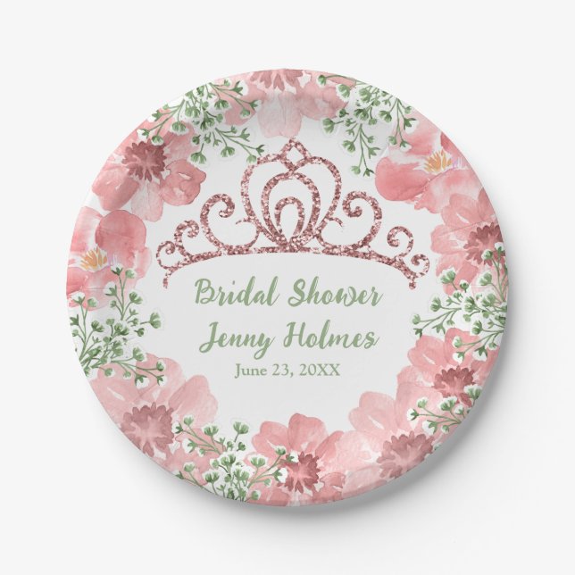 Custom Pink Glitter Crown Pink Roses Greenery  Paper Plates (Front)