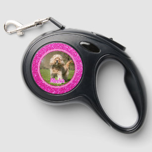 Custom Pink Glitter Dog Photo  Retractable Pet Leash