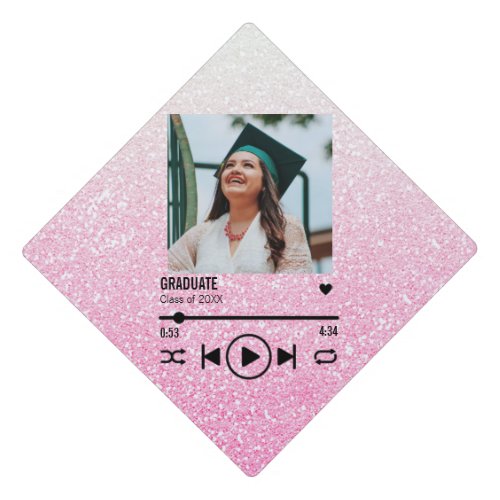 Custom Pink Glitter Graduate Photo Song Playlist Graduation Cap Topper