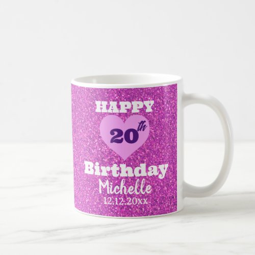 Custom Pink Glitter  Heart Happy 20th Birthday Coffee Mug