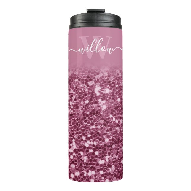 Custom Pink Glitter Monogram Name Thermal Tumbler (Front)