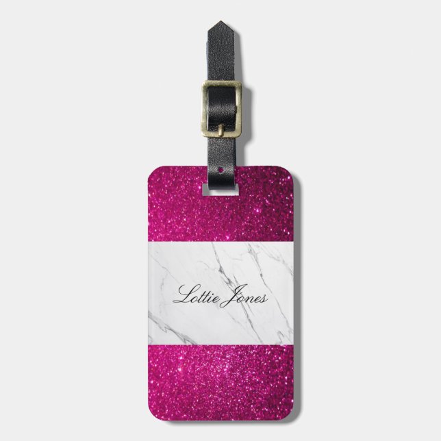 Custom Pink Glitter white marble Print luggage tag (Front Vertical)
