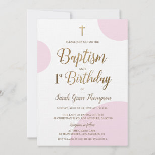 Custom Pink Gold Baby Girl Baptism 1st Birthday Invitation