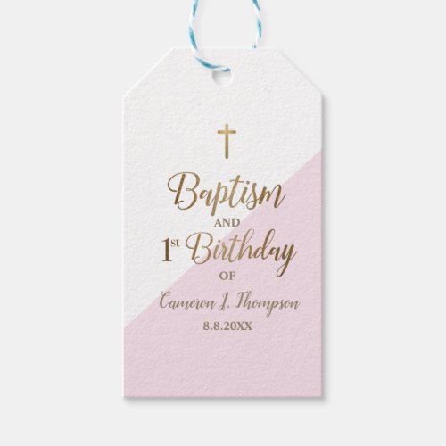 Custom Pink Gold Cross Baptism and 1st birthday Gift Tags