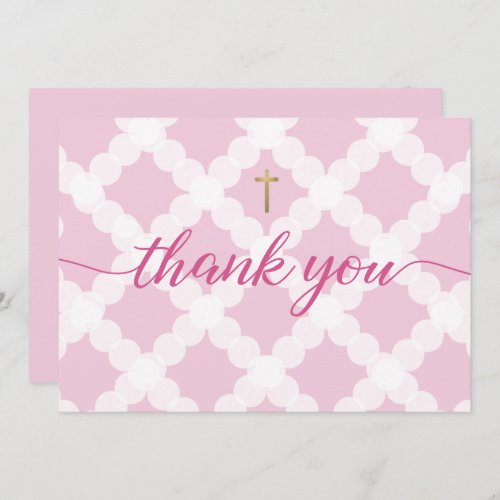 Custom Pink Gold Cross Girl name First communion Thank You Card