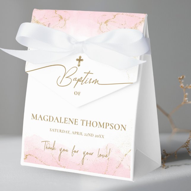 Custom Pink Gold Cross Thank You Girl Baptism  Favor Boxes (Creator Uploaded)