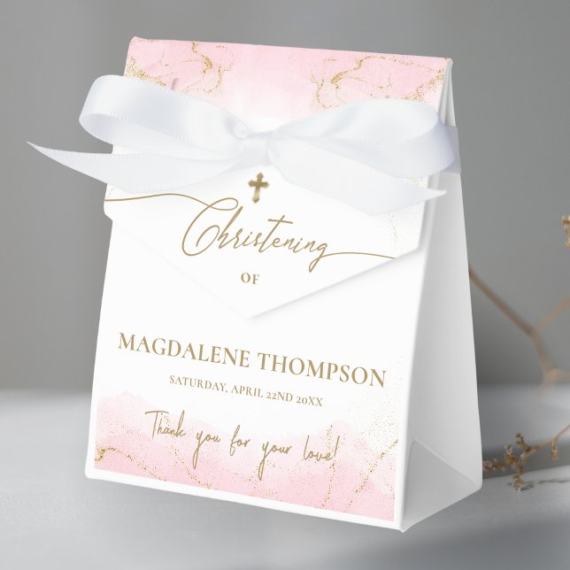 Custom Pink Gold Cross Thank You Girl Christening  Favor Boxes (Creator Uploaded)