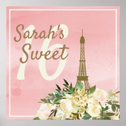 Custom Pink Gold Eiffel Tower Sweet 16 Birthday Poster