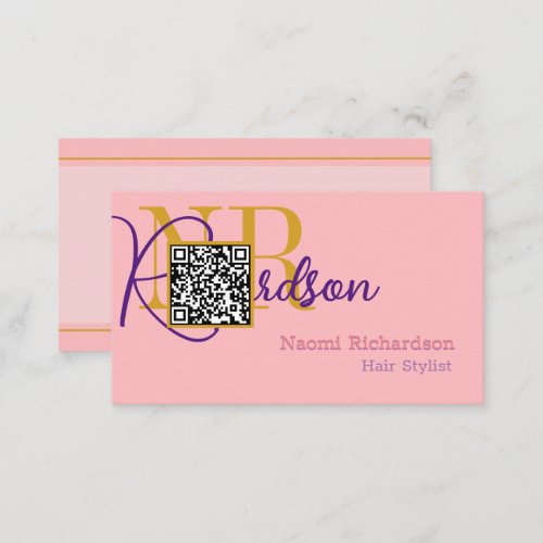Custom Pink  Gold QR Code Monogram  Womens Business Card