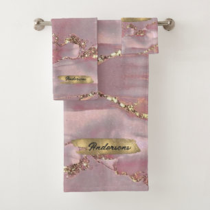 Custom Pink Gold White Diamond Glitter Monogram Bath Towel Set