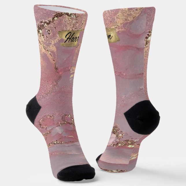 Custom Pink Gold White Diamond Glitter Monogram Socks (Angled)