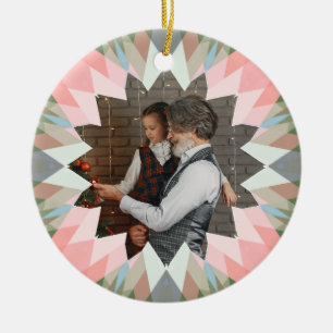 Custom Pink Gray Christmas Star Family Photo Gift Ceramic Ornament