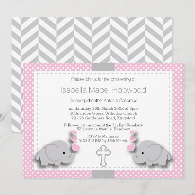 Custom- Pink & Gray Elephant 🐘 Baby - Christening Invitation (Front/Back)