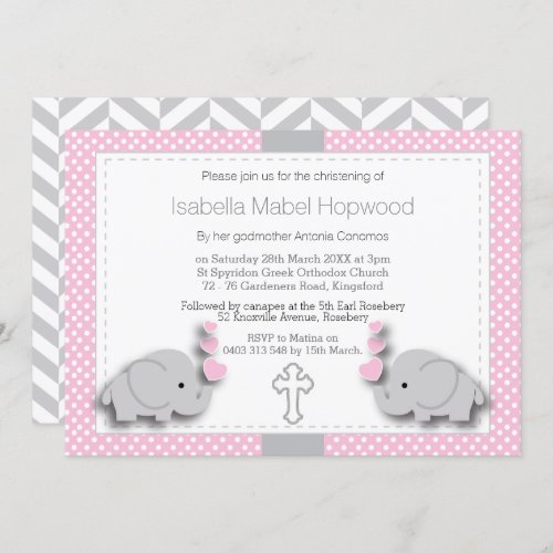 Custom_ Pink  Gray Elephant  Baby _ Christening Invitation