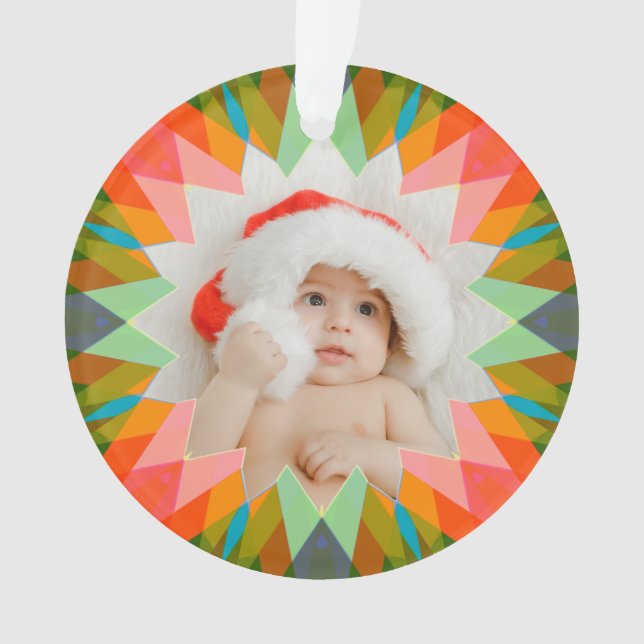 Custom Pink Green Christmas Star Photo Gift Tree Ornament (Front)