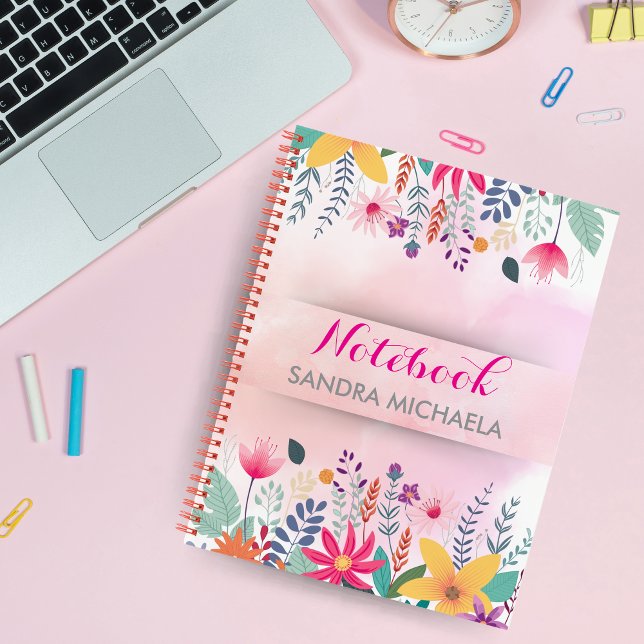 Custom Pink & Green Floral Notebook with Name  (Custom Pink & Green Floral Notebook with Name)