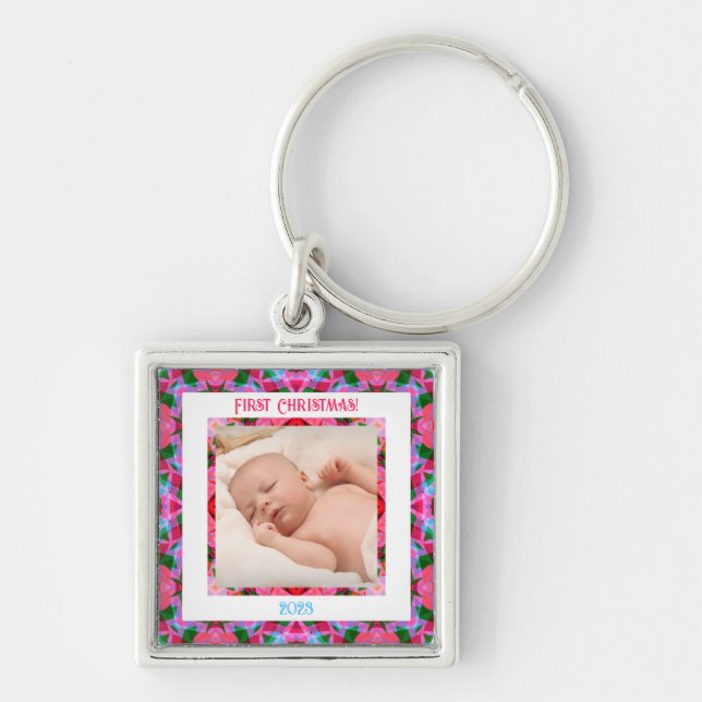 Custom Pink Green Jolly Festive Christmas Photo Keychain (Front)