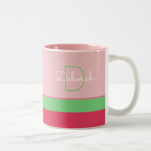 custom pink  green monogram with stripes Two_Tone coffee mug
