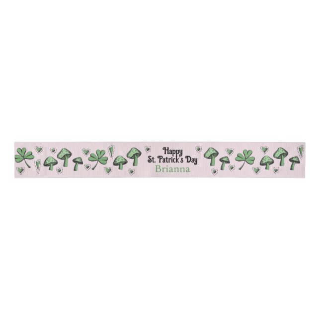 Custom Pink & Green Shamrock Heart & Mushroom 3" Grosgrain Ribbon (Front)