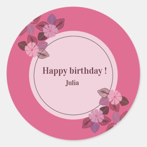 Custom pink happy birthday floral girl   classic round sticker