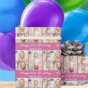 Custom Pink Happy Birthday Photo Collage Wrapping Paper