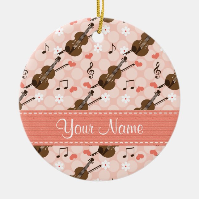 Custom Pink Heart Music Note Violin Ornament (Front)