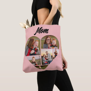 Custom Pink Heart Shape Family Photo Collage Tote Bag