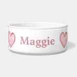 Custom Pink Hearts Dog Bowl<br><div class="desc">Sweet dog food dish, with cartoon style graphics of pink hearts all around the bowl, with pink text, in the middle of the hearts. Personalize the text for your canine friend. Very pretty looking dish that will brighten your kitchen. Makes a great gift idea for any dog owner.</div>