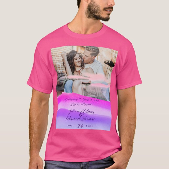Custom Pink Holography Overlay Photo Anniversary T-Shirt (Front)