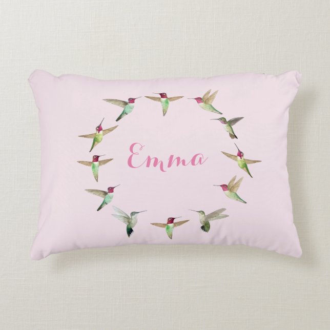 Custom Pink Hummingbird Accent Pillow (Front)