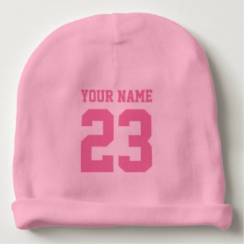 Custom Pink Jersey Number Baby Beanie Hat For Girl by logotees at Zazzle