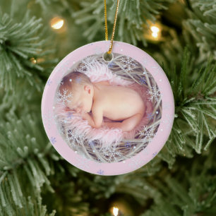 Custom Pink Keepsake Photo Baby's First Christmas Ceramic Ornament