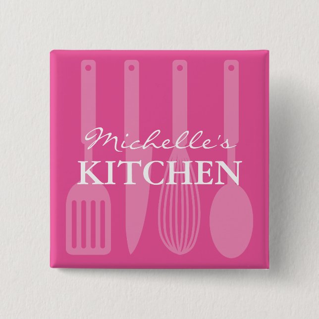 Custom pink kitchen utensils name badge buttons (Front)