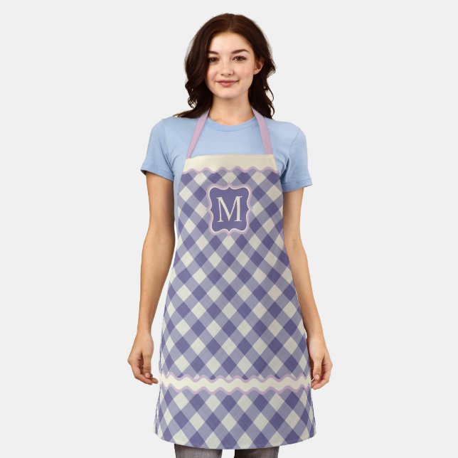 Custom Pink Lavender Violet Purple Ivory Gingham Apron (Worn)