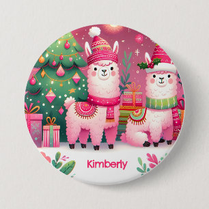 Custom Pink Llama Christmas Name Button