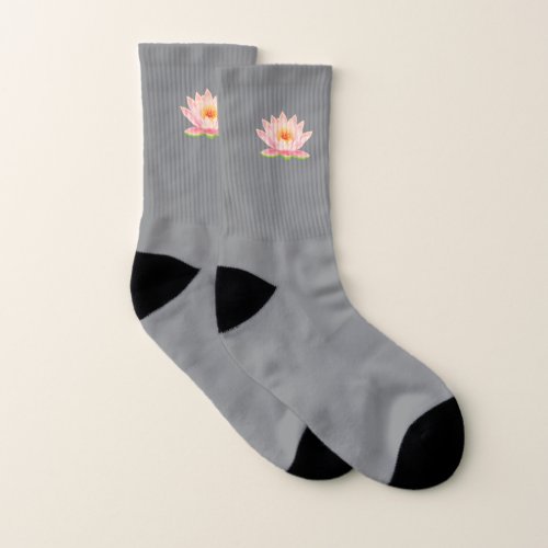 Custom Pink Lotus Flower on Gray Socks