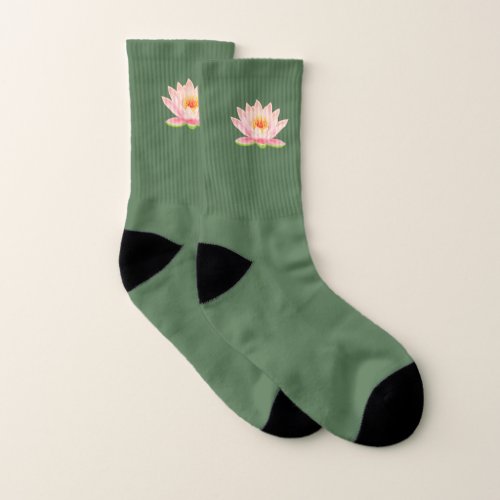 Custom Pink Lotus Flower on Green Socks